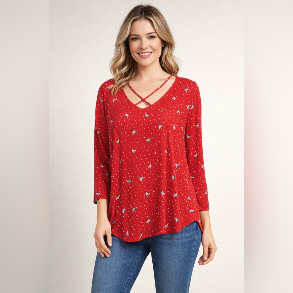 Sweet Rain Red Fox Print Blouse XL | Polka Dot Crisscross V-Neck Top. Ptp 20